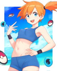 1girl :d blue_eyes blue_shorts blue_sports_bra border breasts cloud commentary creatures_(company) day eyelashes game_freak hand_on_own_hip hand_up happy highres looking_at_viewer midriff misty_(pokemon) navel nintendo open_mouth orange_hair poke_ball_print pokemon pokemon_frlg pokemon_tcg pokemon_tcg_pocket shorts side_ponytail sky smile solo sports_bra teeth tongue truejekart upper_teeth_only white_border