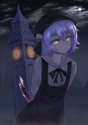 Rule 34 | 1girl, absurdres, arms behind back, bandages, black hat, black ribbon, commentary request, elizabeth tower, fate/grand order, fate (series), flower, green eyes, grey flower, greypidjun, hat, hat flower, highres, holding, holding knife, jack the ripper (fate/apocrypha), knife, looking at viewer, pixiv fate/grand order contest 2, ribbon, scar, scar across eye, scar on face, short hair, silver hair, smile, solo