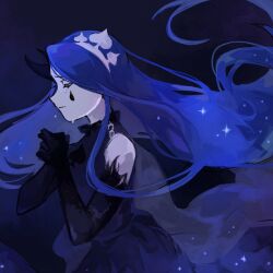 Rule 34 | 115 koubunshi, 1girl, bare shoulders, black gloves, blue cape, blue dress, blue hair, cape, closed eyes, closed mouth, dress, elbow gloves, facing to the side, floating hair, gloves, highres, knight of despair, lobotomy corporation, long hair, profile, project moon, solo, star (sky), teardrop facial mark, tears, upper body, very long hair