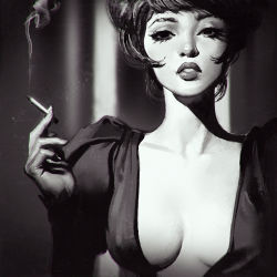 Rule 34 | 1girl, breasts, cigarette, collarbone, covered erect nipples, female focus, ilya kuvshinov, lips, looking at viewer, monochrome, original, parted lips, realistic, short hair, smoke, smoking, solo, upper body