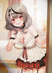 Rule 34 | 1girl, :d, bad id, bad pixiv id, bare shoulders, bed, belt collar, black collar, black hair, blurry, blurry background, blush, breasts, camisole, cleavage, collar, commentary, cowboy shot, curtains, earrings, frilled camisole, frills, garter straps, grey hair, hair ornament, halterneck, heart, highres, hololive, indoors, jewelry, large breasts, lens flare, looking at viewer, medium hair, miniskirt, multicolored hair, nail polish, noixen, open mouth, plaid, plaid skirt, pleated skirt, red nails, red skirt, round teeth, sakamata chloe, sakamata chloe (1st costume), skirt, smile, solo, standing, streaked hair, symbol-only commentary, teeth, upper teeth only, virtual youtuber, white camisole, window, x hair ornament