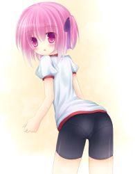 Rule 34 | 10s, 1girl, :o, ass, asymmetrical hair, bad id, bad pixiv id, bike shorts, black bike shorts, black shorts, blush, cowboy shot, from behind, gradient background, gym shirt, gym uniform, hair ornament, hair ribbon, leaning forward, looking at viewer, looking back, minato tomoka, open mouth, pantylines, purple eyes, purple hair, purple ribbon, ribbon, rou-kyuu-bu!, shirt, short hair, short sleeves, shorts, side ponytail, simple background, solo, utahiro (shima), white shirt, yellow background