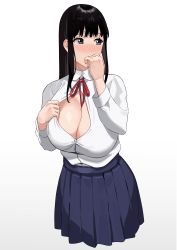 Rule 34 | 1girl, absurdres, averting eyes, black eyes, black hair, blouse, blue skirt, blush, breasts, cleavage, collared shirt, commentary request, covering own mouth, cowboy shot, cropped legs, ear blush, fffukuzawa, highres, large breasts, long sleeves, mole, mole on breast, neck ribbon, nose blush, original, partially unbuttoned, pleated skirt, presenting, red ribbon, ribbon, shirt, sidelocks, simple background, skirt, solo, white background, white shirt