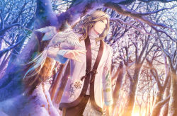 Rule 34 | 1boy, animal on arm, bare tree, bird, bird on arm, black pants, blue eyes, camus (uta no prince-sama), chinese clothes, cowboy shot, dragon print, dutch angle, earrings, embroidery, flower knot, forest, game cg, highres, jacket, jewelry, lace, lens flare, light particles, light smile, long hair, long sleeves, looking afar, looking to the side, male focus, nature, official art, outdoors, pants, parted bangs, platinum blonde hair, shirt, single earring, snow, snowflake print, solo, standing, sunrise, tangzhuang, tassel, tassel earrings, third-party source, tree, uta no prince-sama, uta no prince-sama: shining live, white bird, white jacket, white shirt, winter