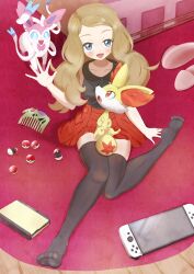 Rule 34 | 1girl, absurdres, animal ears, blush, collarbone, comb, commentary request, creatures (company), dosya 252, fangs, feet, fennekin, fox ears, full body, game freak, gen 6 pokemon, grey eyes, handheld game console, highres, light brown hair, looking at viewer, nintendo, nintendo 3ds, nintendo switch, on floor, pleated skirt, poke ball, poke ball (basic), pokemon, pokemon xy, red eyes, serena (pokemon), shirt, shoes, skirt, sleeveless, sleeveless shirt, slippers, smile, soles, sylveon, thighhighs, toes, unworn shoes