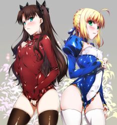 Rule 34 | 2girls, absurdres, adapted costume, ahoge, artoria pendragon (all), artoria pendragon (fate), black hair, black legwear, blue eyes, blush, breasts, brown hair, collarbone, covered erect nipples, covered navel, cowboy shot, fate/stay night, fate (series), green eyes, grey background, hair ribbon, hand on own chest, highres, impossible clothes, impossible shirt, juliet sleeves, long hair, long sleeves, multiple girls, niko (tama), no panties, puffy sleeves, ribbon, saber (fate), shiny clothes, shirt, shirt tug, short hair, simple background, skin tight, sleeves past wrists, small breasts, thighhighs, tohsaka rin, white background, white legwear