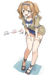 Rule 34 | 1girl, brown eyes, brown jacket, clothes writing, dated, full body, hairband, hands on own thighs, i-26 (kancolle), jacket, kantai collection, kawashina (momen silicon), leaning forward, light brown hair, long hair, name tag, new school swimsuit, sailor collar, sandals, school swimsuit, short sleeves, simple background, solo, standing, swimsuit, swimsuit under clothes, two-tone hairband, two side up, white background