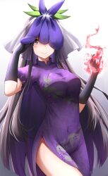 Rule 34 | 1girl, absurdres, black gloves, black hair, blush, china dress, chinese clothes, closed mouth, dress, flower, flower on head, food print, fruit print, gloves, grape print, highres, kuneamorai, long hair, one eye covered, purple dress, purple eyes, purple flower, short sleeves, smile, solo, touhou, unfinished dream of all living ghost, vine print, yomotsu hisami