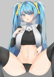 Rule 34 | 1girl, ass, black panties, black shirt, black thighhighs, blue eyes, blue hair, breasts, cameltoe, crop top, crop top overhang, grey background, hair ornament, hand up, large breasts, league of legends, long hair, long sleeves, looking at viewer, mapyarong, midriff, navel, open mouth, panties, shirt, simple background, solo, sona (league of legends), spread legs, stomach, thighhighs, thighs, twintails, underboob, underwear, very long hair