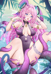 1girl absurdres black_one-piece_swimsuit blhazx blue_eyes blush breasts citlali_(genshin_impact) cleavage_cutout clothing_cutout commentary_request covered_navel facial_mark genshin_impact hair_ornament highres large_breasts long_hair one-piece_swimsuit open_mouth pink_hair spread_legs swimsuit tentacles triangle triangle_facial_mark