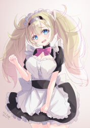 Rule 34 | 1girl, absurdres, alternate costume, apron, black dress, blonde hair, blue eyes, blush, breasts, dress, enmaided, frills, gambier bay (kancolle), hair between eyes, hairband, highres, hizaka, kantai collection, large breasts, long hair, looking at viewer, maid, maid apron, maid headdress, open mouth, puffy sleeves, short sleeves, solo, twintails, wavy mouth, white apron