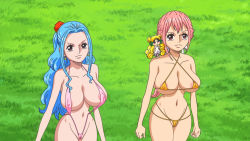 Rule 34 | 3girls, areola slip, bikini, blonde hair, blue hair, braid, breasts, curvy, female focus, from above, highres, hip focus, large breasts, looking up, micro bikini, multiple girls, navel, nefertari vivi, one piece, pink hair, ponytail, rebecca (one piece), screencap, slingshot swimsuit, standing, stomach, swimsuit, thighs, third-party edit