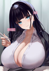 Rule 34 | 1girl, amasora taichi, black hair, black jacket, blue eyes, blunt bangs, breasts, cleavage, closed mouth, collared shirt, english text, glaze artifacts, huge breasts, jacket, long hair, looking at viewer, open clothes, open jacket, original, shirt, smile, solo, twitter username, white shirt