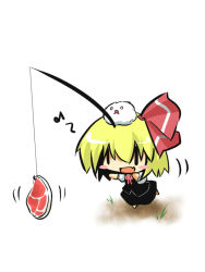 Rule 34 | 1girl, bad id, bad pixiv id, blonde hair, blush stickers, bow, chibi, embodiment of scarlet devil, fang, female focus, fishing rod, food, goma (gomasamune), hair bow, kedama (touhou), meat, ribbon, rumia, simple background, solo, touhou, | |
