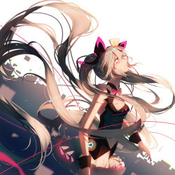 Rule 34 | 1girl, bare shoulders, black vest, blouse, blue eyes, blue hair, bow, commentary, eyebrows hidden by hair, facial mark, floating hair, gloves, hair between eyes, hair ornament, hat, hatsune miku, highres, looking away, looking up, magical mirai (vocaloid), magical mirai miku, magical mirai miku (2019), mini hat, mini top hat, parted lips, pink bow, pleated skirt, re:rin, shirt, skirt, sleeveless, sleeveless shirt, solo, symbol-only commentary, tilted headwear, top hat, twintails, vest, vocaloid, white background, white gloves, white hat, white shirt, white skirt