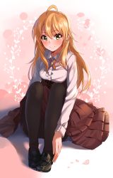 Rule 34 | 1girl, absurdres, ahoge, blonde hair, blush, corset, dress, green eyes, highres, hoshii miki, idolmaster, idolmaster (classic), kurokin, loafers, long hair, old modern blossom, pantyhose, revision, shoes, smile, solo