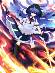 Rule 34 | 1girl, blue hair, boots, bow, cloud, dress, fire, gensokyo, gloves, hat, highres, hinanawi tenshi, long hair, looking at viewer, red eyes, rihito (usazukin), scarlet weather rhapsody, shoes, short sleeves, smile, solo, sword of hisou, touhou, weapon