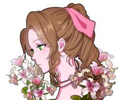 Rule 34 | 1girl, aerith gainsborough, art nouveau, black choker, braid, braided ponytail, brown hair, choker, final fantasy, final fantasy vii, final fantasy vii remake, flower, green eyes, hair ribbon, highres, light blush, lily (flower), long hair, looking to the side, parted bangs, parted lips, pink flower, pink ribbon, ribbon, ribbon choker, sidelocks, single braid, solo, upper body, wavy hair, white background, yuno ff