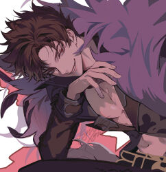 Rule 34 | &gt;:), 1boy, abs, belial (granblue fantasy), belt, bishounen, black jacket, brown hair, evil smile, feather boa, granblue fantasy, grin, hand on own face, jacket, korean commentary, leaning forward, male focus, messy hair, open clothes, open jacket, parted bangs, pectorals, popped collar, red eyes, short hair, signature, sitting, smile, solo focus, spiked hair, v-shaped eyebrows, wago, white background