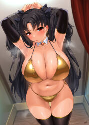 Rule 34 | 1girl, absurdres, armpits, arms up, bare shoulders, bikini, black hair, black thighhighs, breasts, cleavage, collarbone, detached collar, detached sleeves, earrings, fate/grand order, fate (series), gold bikini, hair ribbon, highres, hoop earrings, ishtar (fate), jewelry, kisaragi tsurugi, large breasts, long hair, looking at viewer, navel, open mouth, parted bangs, red eyes, ribbon, solo, swimsuit, thighhighs, thighs, two side up