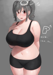 Rule 34 | 1girl, absurdres, arm behind back, bare shoulders, blush, breasts, cleavage, commentary request, curvy, drill hair, flying sweatdrops, grey background, grey hair, highres, huge breasts, idolmaster, idolmaster cinderella girls, kanzaki ranko, looking at viewer, oruka (kamituki0827), plump, red eyes, short hair, short shorts, shorts, solo, thick arms, thick thighs, thighs, translation request, wide hips