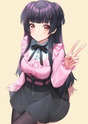 Rule 34 | 1girl, absurdres, black bow, black bowtie, black hair, black skirt, black thighhighs, blush, bow, bowtie, breasts, brown eyes, closed mouth, commentary, frilled sleeves, frills, highres, hime cut, idolmaster, idolmaster shiny colors, jirai kei, long hair, long sleeves, looking at viewer, mayuzumi fuyuko, medium breasts, pink shirt, puffy sleeves, shirt, sidelocks, simple background, skirt, smile, solo, sora (men0105), thighhighs, two side up, v, yellow background, zettai ryouiki