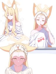 Rule 34 | 1girl, animal ear fluff, animal ears, blonde hair, blue archive, closed eyes, closed mouth, clothes writing, collarbone, extra ears, fox ears, halo, highres, holding, holding toothbrush, long hair, multiple views, reia 76, seia (blue archive), shirt, short sleeves, simple background, toothbrush, white background, white shirt, yellow eyes, yellow halo