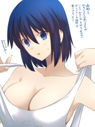 Rule 34 | 1girl, apron, bare shoulders, blue eyes, blue hair, blush, breasts, ciel (tsukihime), commentary request, highres, looking at viewer, medium breasts, naked apron, no eyewear, open mouth, short hair, solo, sweatdrop, translation request, tsukihime, vent vert (kuuya)