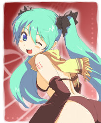 Rule 34 | 1girl, blue eyes, blush stickers, detached sleeves, duke (inu daimyou), green hair, hatsune miku, looking back, one eye closed, scarf, solo, twintails, vocaloid, wink, yellow scarf