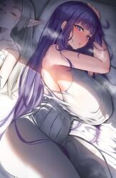 Rule 34 | anima (togashi), armpits, arms up, bare shoulders, bed, breasts, breath, covered erect nipples, dress, fern (sousou no frieren), frieren, hair half over shoulder, highres, large breasts, light blush, long hair, looking at viewer, messy hair, nightgown, on bed, pointy ears, purple eyes, purple hair, sousou no frieren, sweat, white dress, white hair, white nightgown