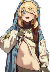 Rule 34 | 1boy, androgyne symbol, blonde hair, blue eyes, blush, bridget (guilty gear), clothes lift, fingerless gloves, gloves, guilty gear, guilty gear strive, hair between eyes, highres, hood, hood up, hooded jacket, jacket, lifting own clothes, long sleeves, male focus, one eye closed, open clothes, open jacket, open mouth, simple background, solo, stomach, trap, white background, yoruhachi