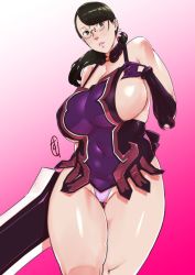 Rule 34 | 1girl, bare shoulders, black hair, blue eyes, breasts, cattleya (queen&#039;s blade), cattleya (queen's blade), covered navel, curvy, ganto, glasses, gloves, huge breasts, long hair, looking at viewer, mature female, parted lips, plump, ponytail, queen&#039;s blade, sideb, sideboob, solo, standing, sword, thick thighs, thighs, weapon, weapon merchant cattleya, wide hips