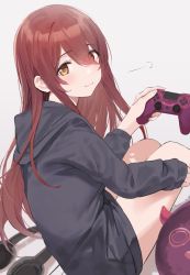 Rule 34 | 1girl, black hoodie, blush, brown hair, closed mouth, controller, dot nose, dutch angle, eyes visible through hair, facing away, from behind, game controller, grey background, hair between eyes, hair over one eye, hand on own thigh, headphones, holding, holding controller, holding game controller, hood, hoodie, idolmaster, idolmaster shiny colors, long hair, long sleeves, looking at viewer, nekoshoko, no pants, osaki tenka, shadow, sidelocks, simple background, sitting, sleeves past wrists, smile, solo, stuffed toy, thighs, yellow eyes