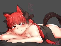 Rule 34 | 1girl, animal ears, braid, cat ears, cat tail, extra ears, kaenbyou rin, long hair, lying, mizuga, multiple tails, nekomata, nude, on stomach, pointy ears, red eyes, red hair, solo, tail, touhou, twin braids, twintails, two tails