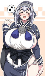 Rule 34 | 1girl, ^ ^, ainu clothes, blush, breasts, closed eyes, curvy, headband, highres, huge breasts, japanese clothes, kamoi (kancolle), kantai collection, konoshige (ryuun), long hair, long sleeves, musical note, open mouth, panties, side-tie panties, sideboob, silver hair, simple background, smile, solo, spoken musical note, tassel, thick eyebrows, two-tone background, underwear, white panties, wide hips