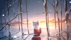 Rule 34 | 1girl, animal ears, bare tree, cat ears, cat girl, chinese commentary, closed mouth, cloud, commentary request, forest, fur trim, highres, horizon, looking at viewer, looking back, mountainous horizon, nature, original, outdoors, rune xiao, santa costume, scenery, signature, sky, smile, snow, snowing, solo, star (sky), starry sky, tree