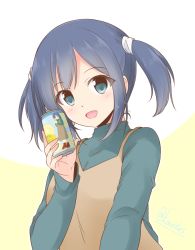 Rule 34 | 1girl, alcohol, blue hair, brown dress, can, commentary request, dress, green eyes, green sweater, kantai collection, long hair, looking at viewer, meta, official alternate costume, shizuna kaede, smile, solo, souryuu (kancolle), sweater, twintails, two-tone background, upper body