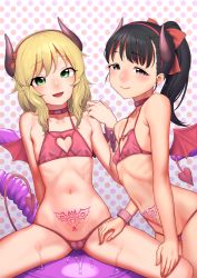 Rule 34 | 2girls, :d, bare shoulders, bikini, black eyes, black hair, blonde hair, blush, choker, cleavage cutout, closed mouth, clothing cutout, collarbone, commentary request, demon girl, demon horns, demon tail, demon wings, flat chest, fukuyama mai, gishu, green eyes, hairband, halftone, halftone background, hand up, hands on another&#039;s thighs, heart, heart cutout, heart tattoo, highres, horns, idolmaster, idolmaster cinderella girls, long hair, looking at viewer, multiple girls, navel, open mouth, pink bikini, pink hairband, polka dot, polka dot background, ponytail, pubic tattoo, red choker, sakurai momoka, sitting, smile, spread legs, stomach, stomach tattoo, swimsuit, tail, tattoo, wings