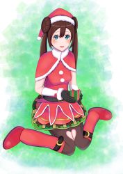 Rule 34 | 1girl, belt, black belt, black gloves, black pantyhose, blush, boots, breasts, brown hair, capelet, christmas, creatures (company), dress, fur-trimmed capelet, fur-trimmed gloves, fur-trimmed headwear, fur trim, game freak, gift, gloves, green background, green eyes, hair bun, hat, heart, highres, holding, knee boots, long hair, looking at viewer, medium breasts, nintendo, open mouth, oreon z, pantyhose, pokemon, pokemon masters ex, pom pom (clothes), red capelet, red dress, red footwear, red headwear, rosa (holiday 2019) (pokemon), rosa (pokemon), santa costume, santa hat, single hair bun, sitting, sleeveless, smile, twintails
