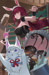 Rule 34 | 2girls, absurdres, alternate costume, animal ears, ass, black legwear, black panties, book, bookshelf, bucket, bucket of water, rabbit ears, commentary, enmaided, fake animal ears, fate/grand order, fate (series), fou (fate), from behind, garter straps, glasses, hair over one eye, highres, holding, holding mop, hood (james x), indoors, leaning forward, library, lingerie, maid, maid headdress, mash kyrielight, mop, multiple girls, open mouth, panties, puffy short sleeves, puffy sleeves, purple eyes, purple hair, red eyes, scathach (fate), scathach (fate), short sleeves, side-tie panties, thighhighs, underwear, wrist cuffs