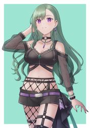 Rule 34 | 1girl, absurdres, asymmetrical bangs, bare shoulders, belt, black choker, black nails, black shorts, breasts, choker, cleavage, collarbone, cowboy shot, earrings, fishnet pantyhose, fishnets, garter straps, gem, green background, green hair, highres, jewelry, lace, lace-trimmed shirt, lace trim, large breasts, long hair, long sleeves, looking at viewer, mole, mole on breast, nail polish, navel, necklace, off-shoulder shirt, off shoulder, pantyhose, parted lips, purple belt, purple eyes, see-through, shirt, short shorts, shorts, single earring, single leg pantyhose, smile, solo, standing, swept bangs, taryo, virtual youtuber, vspo!, yakumo beni, yakumo beni (1st costume), zipper