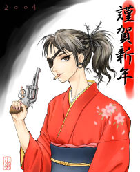Rule 34 | 1girl, bang-you, barbed wire, eyepatch, gun, highres, japanese clothes, kimono, nail polish, pink nails, ponytail, solo, stray bullets, weapon