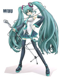 Rule 34 | 1girl, aqua eyes, aqua hair, bad id, bad pixiv id, breasts, detached sleeves, duplicate, female focus, full body, gradient background, hatsune miku, headphones, headset, highres, ishida masatsuki, lipstick, long hair, makeup, microphone stand, necktie, simple background, skirt, smile, solo, thighhighs, twintails, very long hair, vocaloid, white background, zettai ryouiki