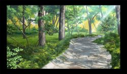 Rule 34 | black border, border, commentary request, dappled sunlight, day, forest, grass, kawamoto ruka, nature, no humans, original, outdoors, path, road, scenery, sunlight, third-party edit, tree
