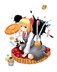 Rule 34 | 1girl, :q, cake, cake slice, candy, candy cane, checkerboard cookie, cookie, cream puff, food, fruit tart, hair ribbon, highres, koji (koji-a), lollipop, looking at viewer, pastry, red eyes, ribbon, rumia, shirt, short hair, simple background, skirt, solo, strawberry shortcake, sweets, tart (food), tongue, tongue out, touhou, vest, white background