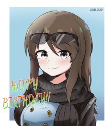 Rule 34 | 1girl, amogan, birthday, black-framed eyewear, black scarf, blue background, blue jacket, blush, border, brown eyes, brown hair, closed mouth, commentary, dated, eyewear on head, girls und panzer, happy birthday, highres, jacket, long hair, looking at viewer, mika (girls und panzer), no headwear, outside border, portrait, scarf, smile, solo, sunglasses, white border