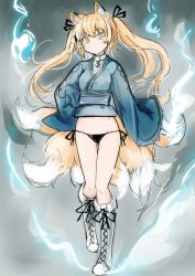 Rule 34 | 1girl, animal ears, bell, black panties, blonde hair, boots, collar, cross-laced footwear, fire, fire, fox ears, fox tail, full body, japanese clothes, kimono, kitsune, lace-up boots, long hair, long sleeves, looking at viewer, multiple tails, neck bell, no pants, nosuku, obi, original, panties, sash, short kimono, side-tie panties, sleeves past wrists, solo, tail, twintails, underwear, white footwear, wide sleeves, yellow eyes