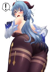 Rule 34 | !, 1girl, ahoge, ass, ass grab, bare shoulders, black pantyhose, blue hair, blush, bodysuit, breasts, cameltoe, deep skin, detached sleeves, embarrassed, etb, from behind, from below, ganyu (genshin impact), genshin impact, gloves, highres, horns, huge ass, large breasts, leotard, long hair, looking at viewer, looking back, looking down, open mouth, pantyhose, purple eyes, shiny clothes, shiny skin, sideboob, solo, white background