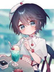 Rule 34 | 1boy, absurdres, beret, black hair, blue eyes, blue nails, blush, chair, cherry, clock over orquesta, closed mouth, commentary, cropped shirt, cup, drink, drinking straw, eringikinono, fishnet top, fishnets, food, fruit, hair between eyes, hat, high collar, highres, ice, ice cream, ice cube, kokonoe konoe, long sleeves, looking at viewer, male focus, nail polish, polka dot, polka dot background, raised eyebrows, shirt, short hair, sidelocks, sitting, solo, spoon, stitches, symbol-only commentary, table, upper body, white hat, white shirt, wooden table