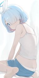 Rule 34 | 1girl, arona (blue archive), barefoot, blue archive, blue eyes, blue hair, blue shorts, butt crack, camisole, closed mouth, feet, hair over one eye, hairband, halo, highres, hiroki (yyqw7151), looking at viewer, panties, panties under shorts, short hair, shorts, sitting, soles, solo, underwear, white camisole, white hairband, white panties